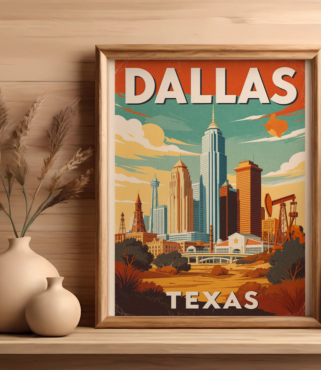 Framed vintage poster of Dallas, Texas skyline with oil derricks.