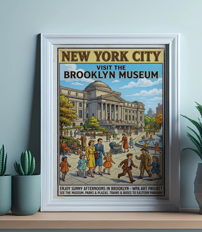 New York City vintage poster for Brooklyn Museum featuring families and activities.