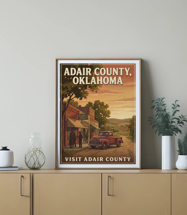 Adair County, Oklahoma vintage travel poster with a red truck and general store.