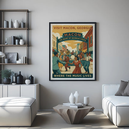 Vintage poster for Macon, Georgia, depicting people dancing and playing music.