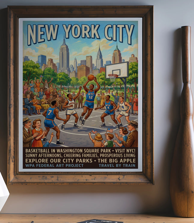Vintage New York City poster depicting basketball in Washington Square Park.