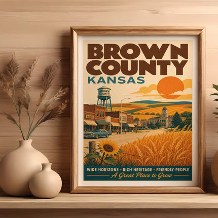 Brown County, Kansas retro poster with farm scene and text.
