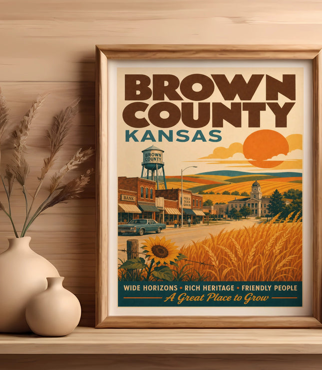 Brown County, Kansas retro poster with farm scene and text.