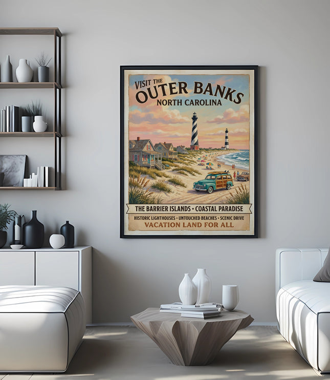 Poster for Outer Banks, North Carolina, featuring lighthouses, beach houses, and cars.