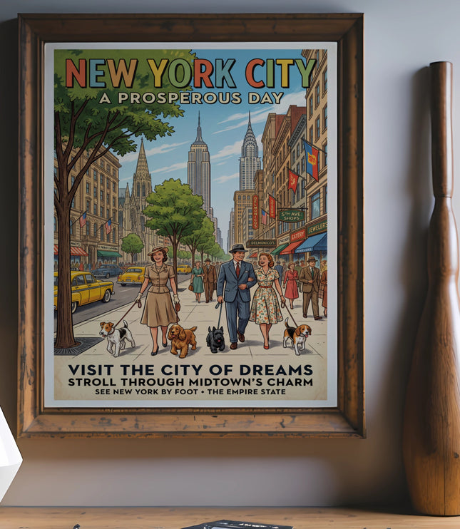 New York City poster depicting Midtown with Empire State Building and people walking dogs.