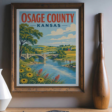 Vintage Osage County, Kansas travel poster with rolling hills and river.
