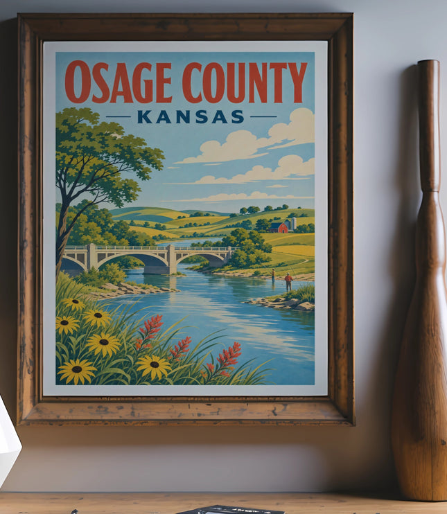 Vintage Osage County, Kansas travel poster with rolling hills and river.
