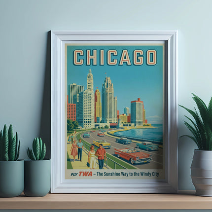 Vintage Chicago travel poster with skyline, cars, and people, text reads "Chicago".