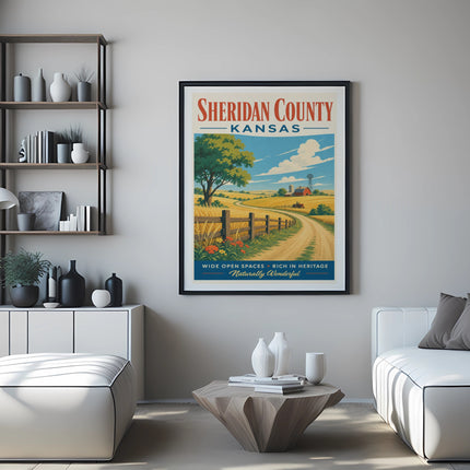 Vintage travel poster for Sheridan County, Kansas, featuring a farm landscape.