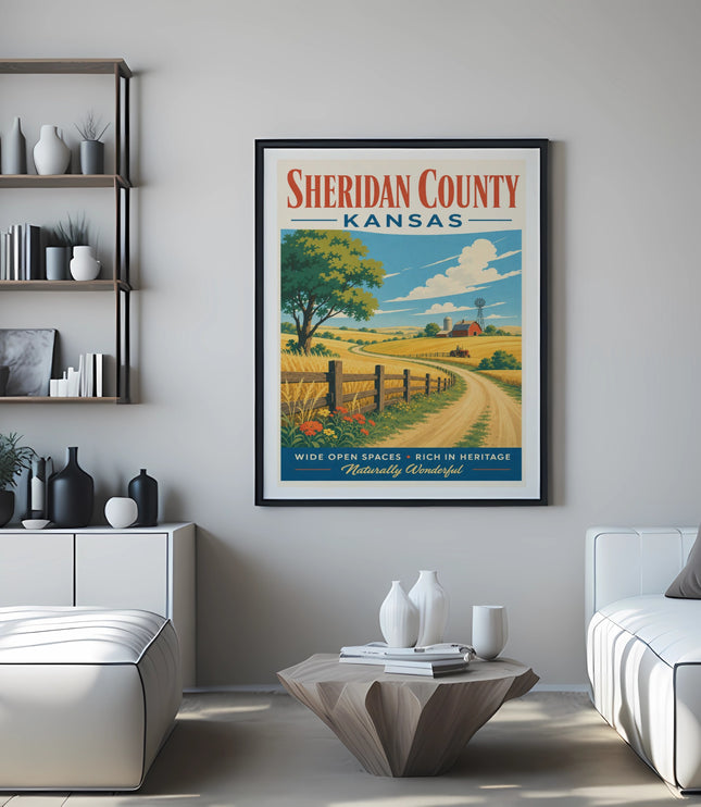 Vintage travel poster for Sheridan County, Kansas, featuring a farm landscape.