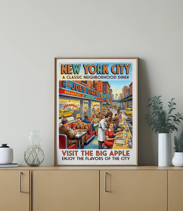 New York City Joe's Diner poster with people dining and street scene.