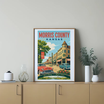 Morris County, Kansas vintage poster with "Welcome to Council Grove" text.
