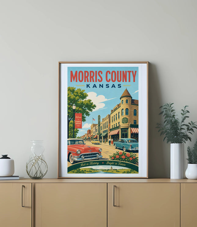 Morris County, Kansas vintage poster with "Welcome to Council Grove" text.