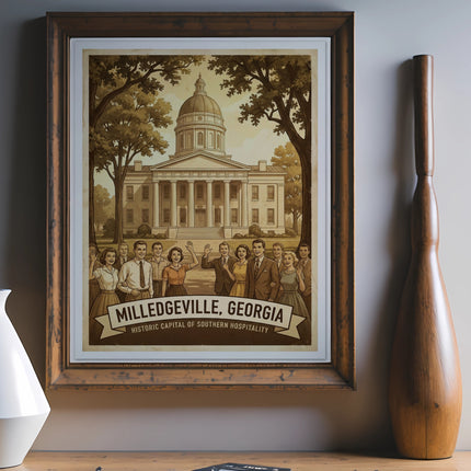 Milledgeville, Georgia historic capitol building with people, framed art print.