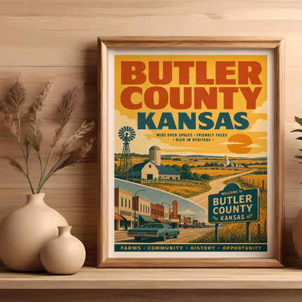 Poster for Butler County, Kansas with vintage farm and town scenes.