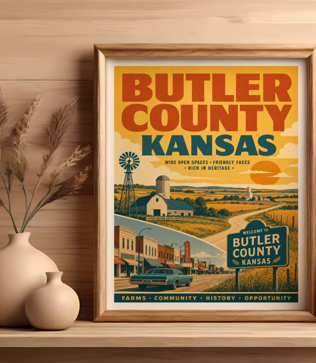 Poster for Butler County, Kansas with vintage farm and town scenes.