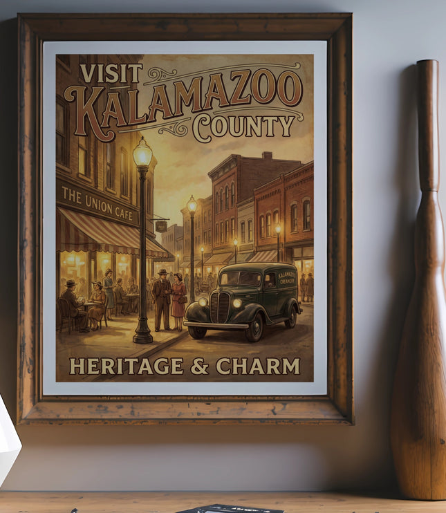 Vintage poster reads "Visit Kalamazoo County Heritage & Charm," featuring a street scene.