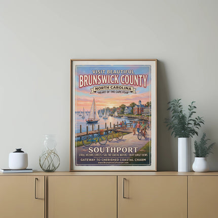 Vintage poster of Southport, Brunswick County, North Carolina featuring boats and cyclists.