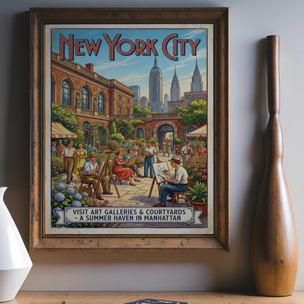 New York City poster showing people in a courtyard, art galleries and Manhattan.
