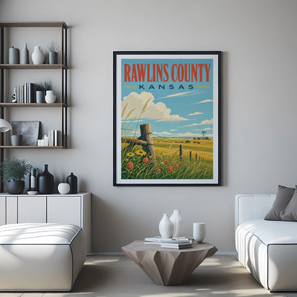 Vintage travel poster for Rawlins County, Kansas, showing a pastoral landscape.