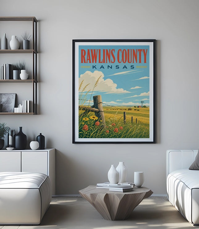 Vintage travel poster for Rawlins County, Kansas, showing a pastoral landscape.