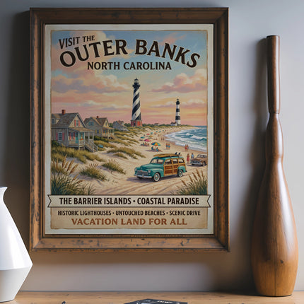 Outer Banks North Carolina travel poster with lighthouses and beach scene.