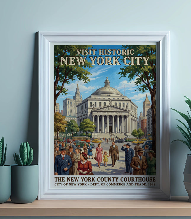 Vintage New York County Courthouse travel poster featuring people and cars.