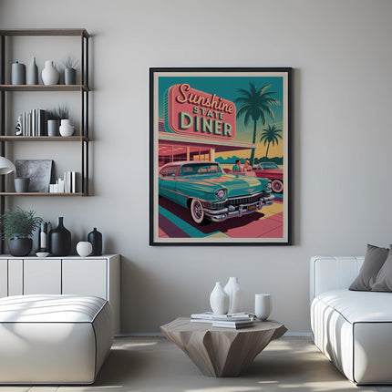 Retro diner scene with vintage car and palm trees, framed artwork.
