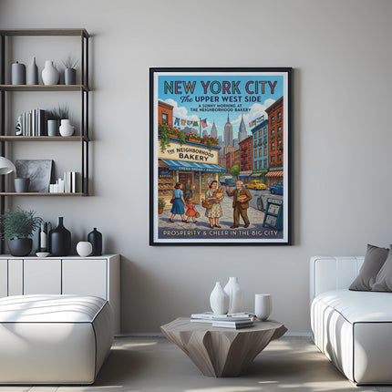 New York City Upper West Side poster of a bustling street scene with a bakery.