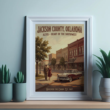 Framed vintage poster for Jackson County, Oklahoma, featuring a couple and classic car.
