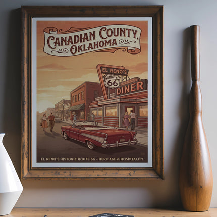Canadian County, Oklahoma poster featuring El Reno's Route 66 Diner and a red car.