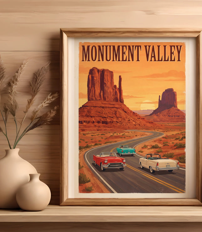 Monument Valley vintage poster with three classic cars on a winding road.