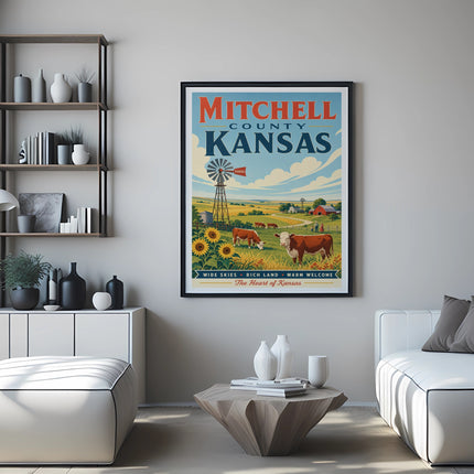Vintage poster of Mitchell County, Kansas, with cows and a windmill.