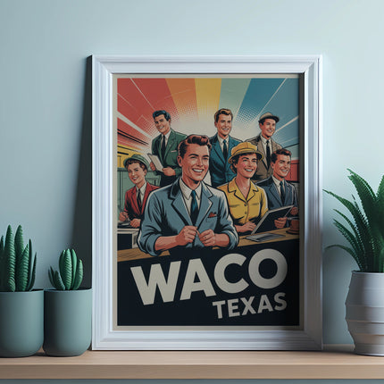 Framed illustration of smiling people with "Waco Texas" text.