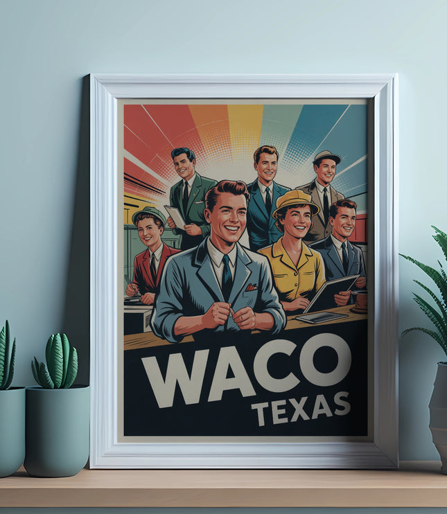 Framed illustration of smiling people with "Waco Texas" text.