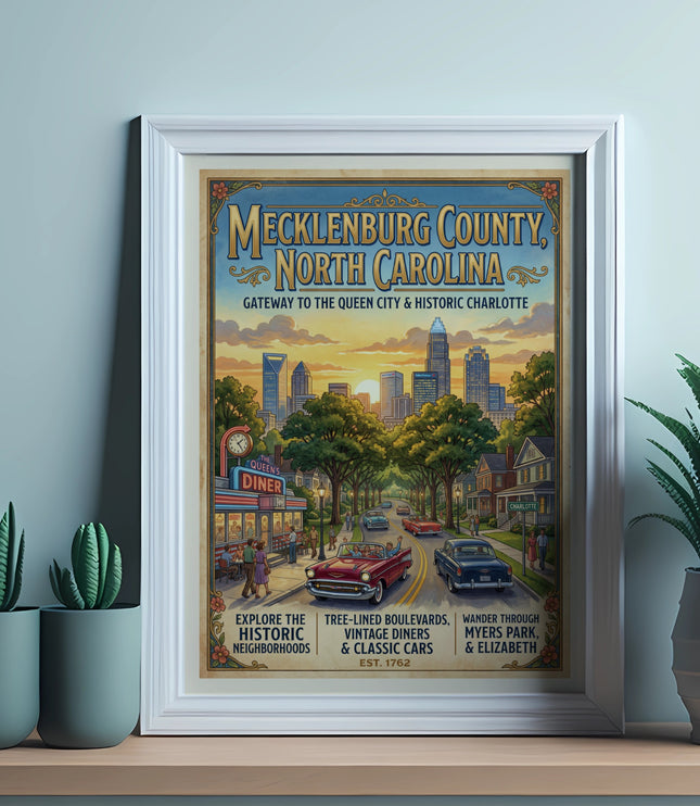 Mecklenburg County, North Carolina poster with skyline, diner, and classic cars.