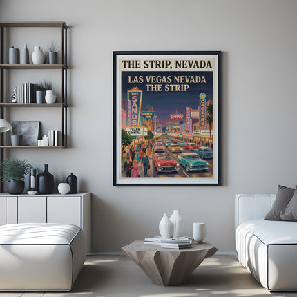 Poster of The Strip, Nevada with vintage cars and hotel signs.