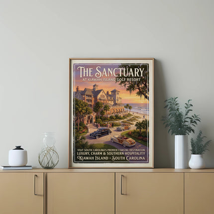 The Sanctuary resort poster shows a vintage hotel by the beach at sunset with cars.