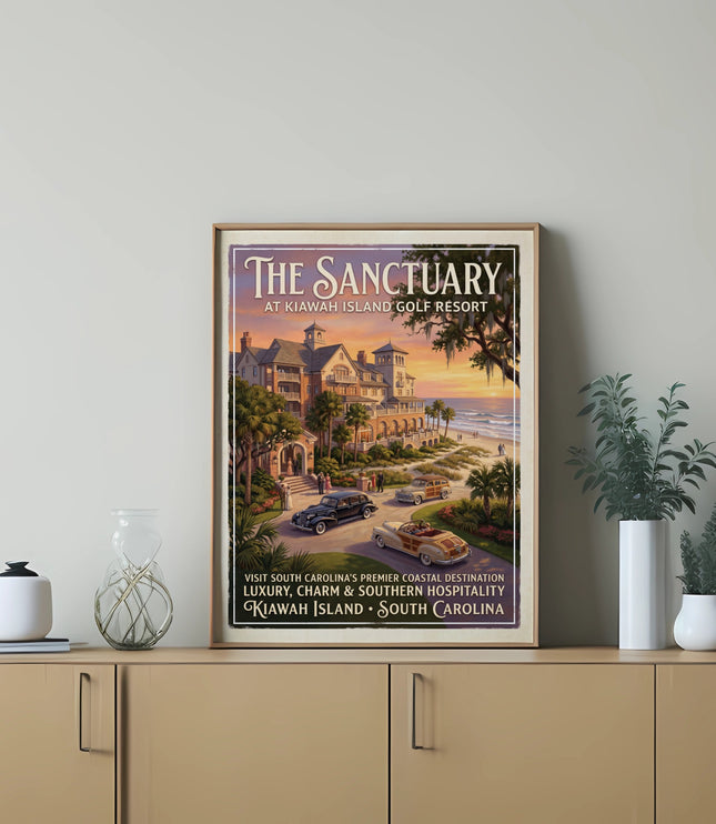 The Sanctuary resort poster shows a vintage hotel by the beach at sunset with cars.