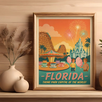 Theme park poster for Florida, "The Sunshine State," featuring a roller coaster and fireworks.