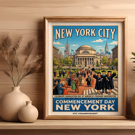 Vintage New York City commencement poster with graduates celebrating outside a university building.