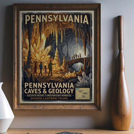 Pennsylvania Caves & Geology poster with guided lantern tours advertised.
