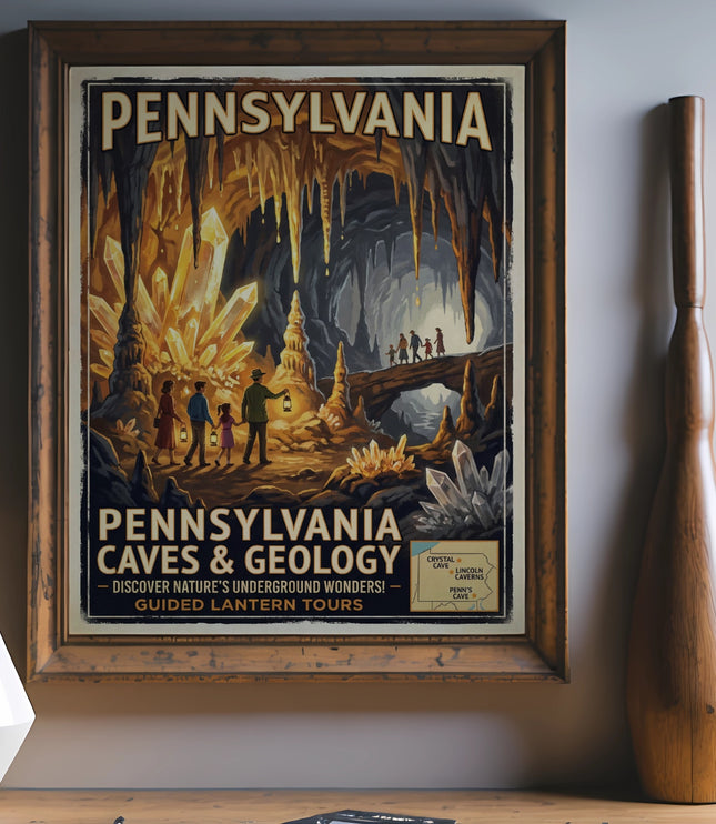 Pennsylvania Caves & Geology poster with guided lantern tours advertised.