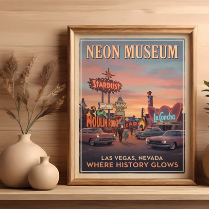 Neon Museum Las Vegas poster with vintage cars and neon signs.