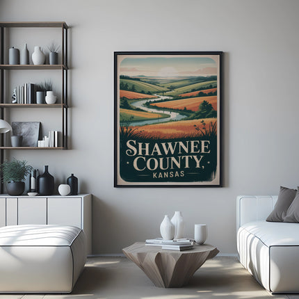 Vintage Shawnee County, Kansas poster with rolling hills and text.