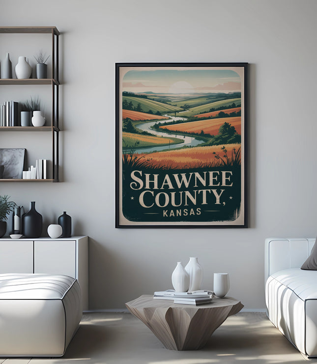 Vintage Shawnee County, Kansas poster with rolling hills and text.