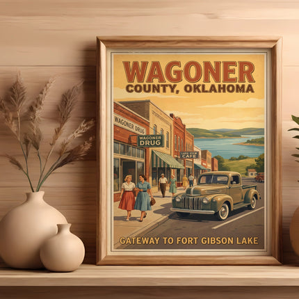 Retro poster of Wagoner County, Oklahoma, featuring a vintage truck and town scene.