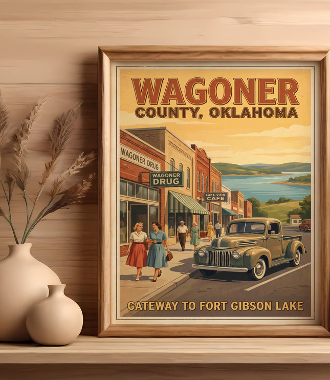 Retro poster of Wagoner County, Oklahoma, featuring a vintage truck and town scene.
