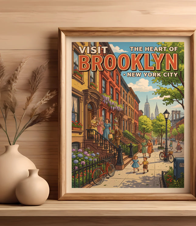 Vintage style "Visit Brooklyn, The Heart of New York City" poster featuring brownstones and street scene.