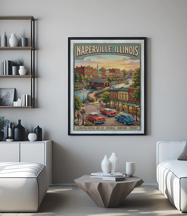 Naperville, Illinois poster depicting downtown riverwalk with vintage cars.